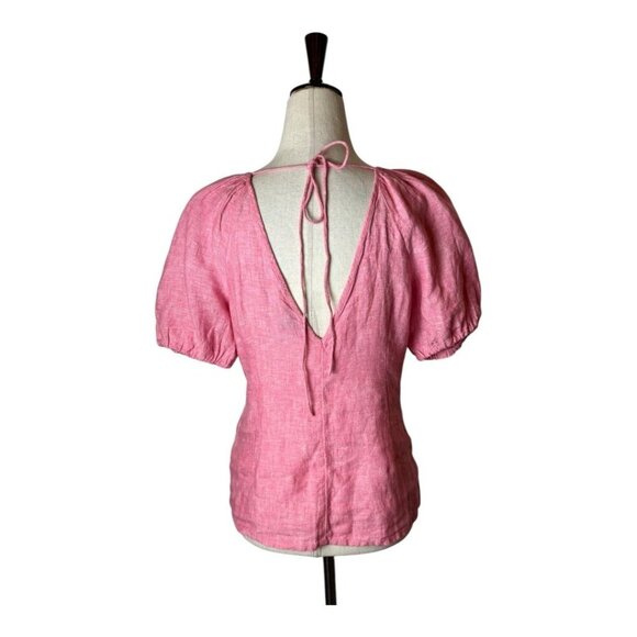 J Crew Shirt Women 0 Pink Linen V Back Short Puff Sleeve Top Preppy Lagenlook - Picture 5 of 14
